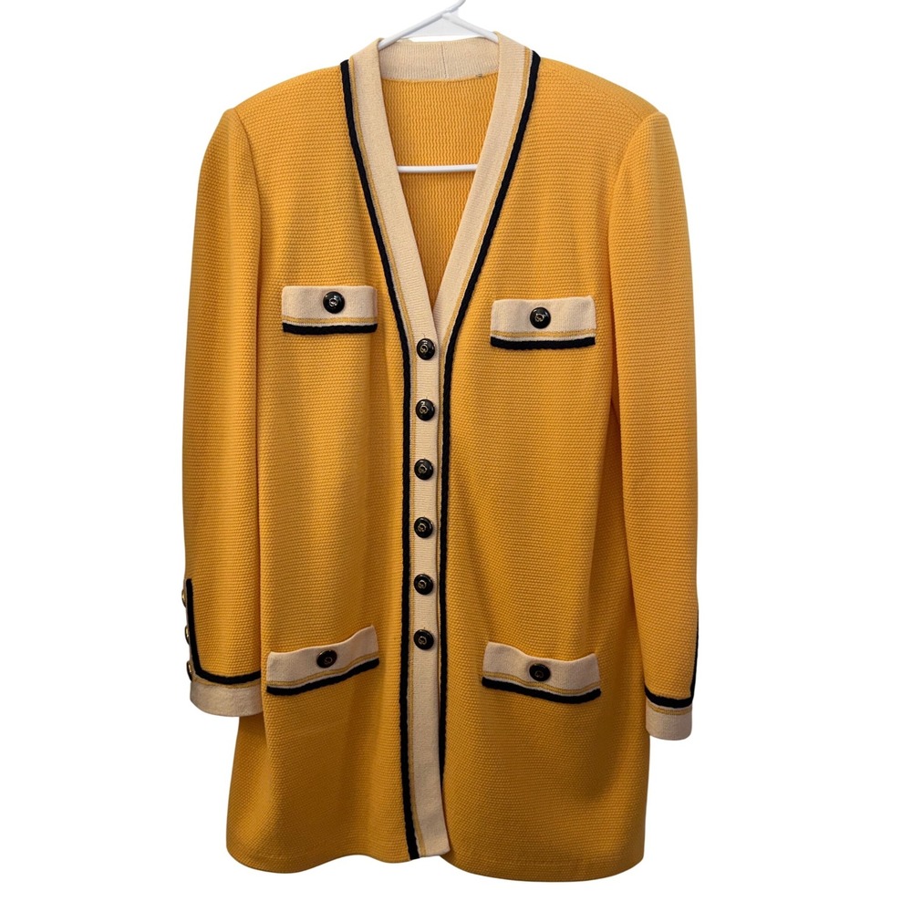 St. John Yellow Santana Knit Long Cardigan Jacket Gold Logo Buttons V-Neck Retro